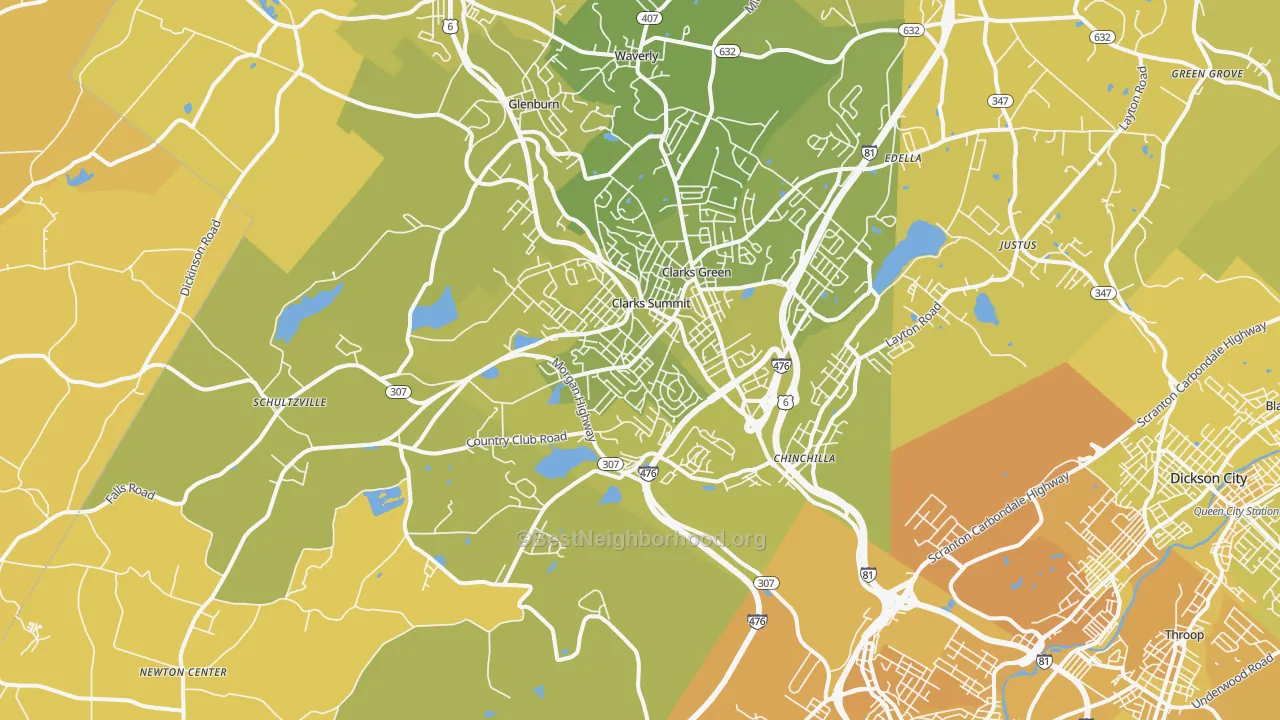 Map of the best neighborhoods in the 18411 area, with better matches in green and worse matches in red