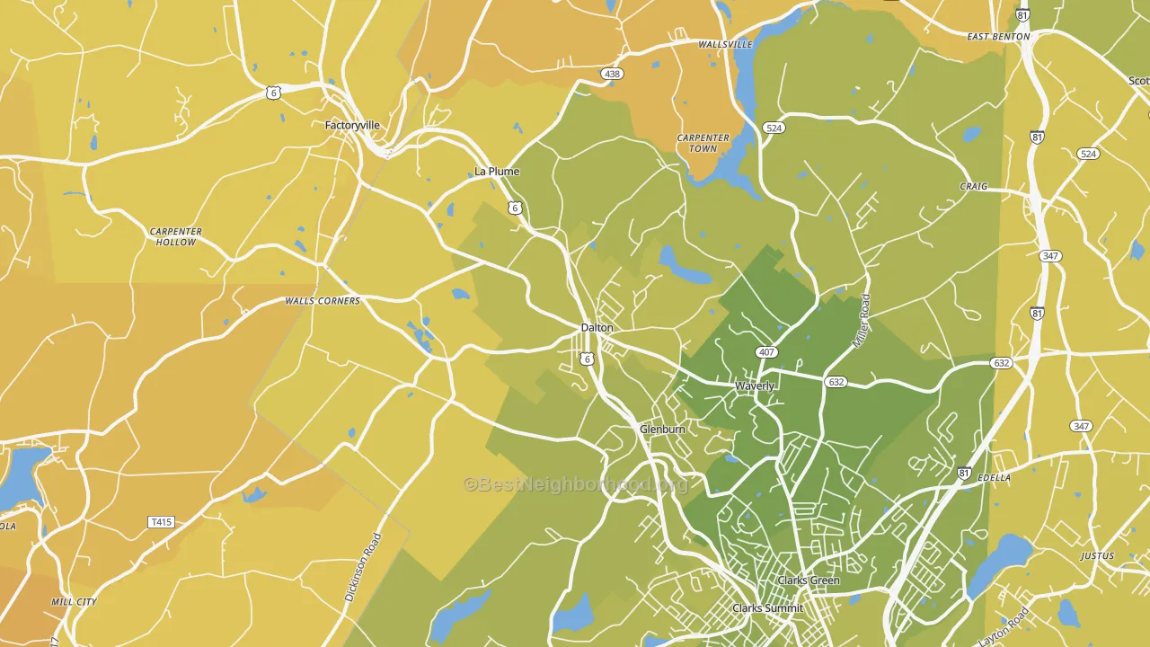 Map of the best neighborhoods in the 18414 area, with better matches in green and worse matches in red