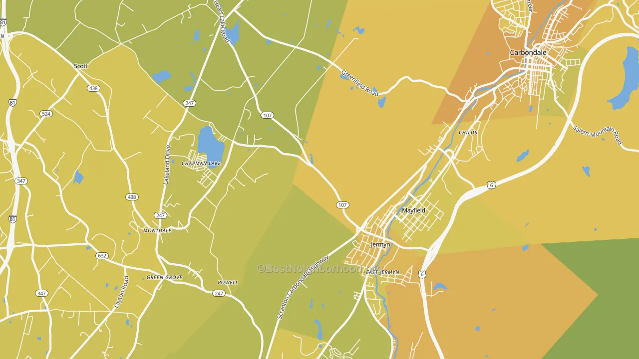 Map of the best neighborhoods in the 18433 area, with better matches in green and worse matches in red