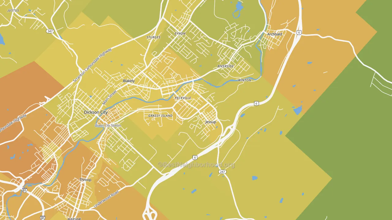 Map of the best neighborhoods in the 18434 area, with better matches in green and worse matches in red