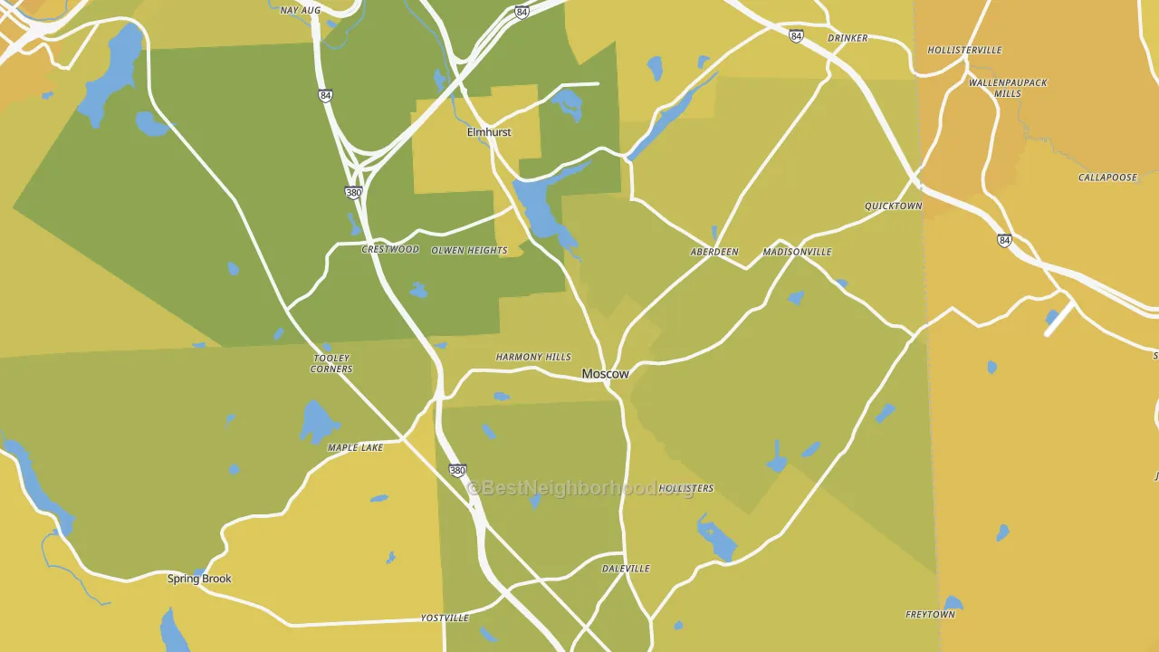 Map of the best neighborhoods in the 18444 area, with better matches in green and worse matches in red