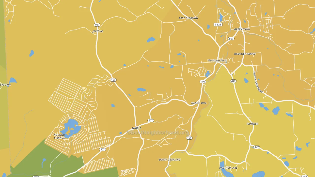 Map of the best neighborhoods in the 18445 area, with better matches in green and worse matches in red