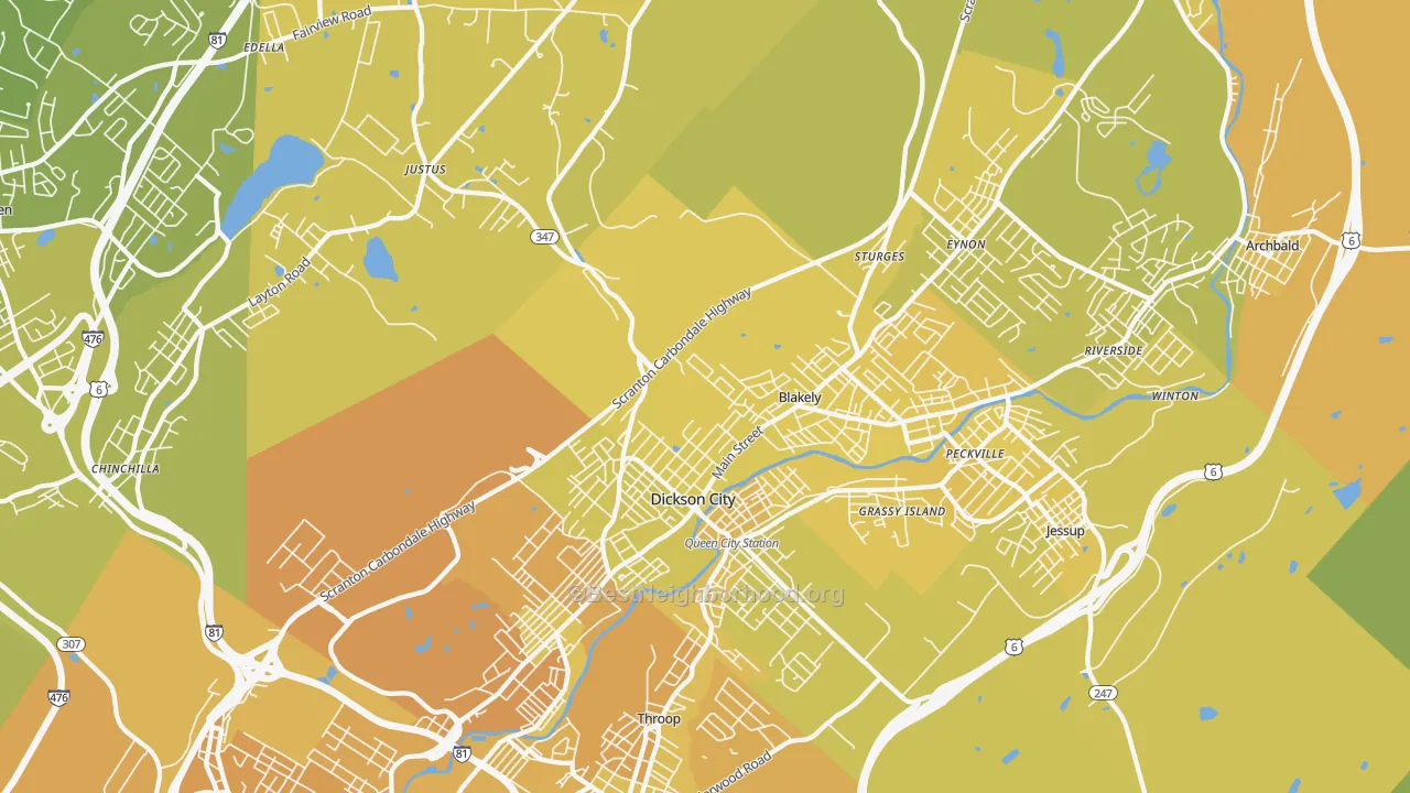 Map of the best neighborhoods in the 18447 area, with better matches in green and worse matches in red