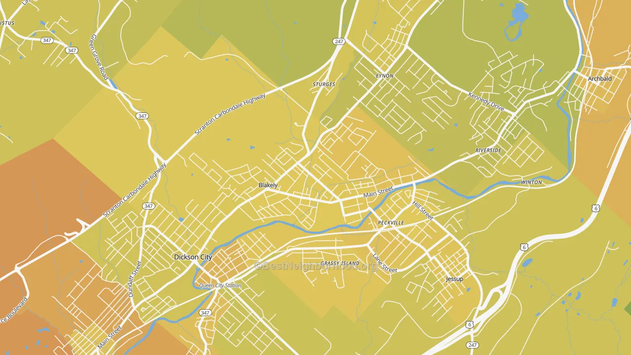 Map of the best neighborhoods in the 18452 area, with better matches in green and worse matches in red