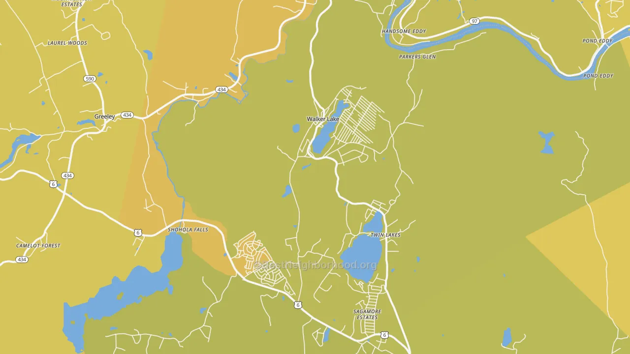 Map of the best neighborhoods in the 18458 area, with better matches in green and worse matches in red
