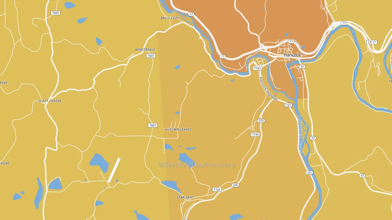 Map of the best neighborhoods in the 18461 area, with better matches in green and worse matches in red