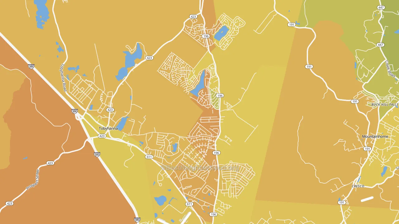 Map of the best neighborhoods in the 18466 area, with better matches in green and worse matches in red