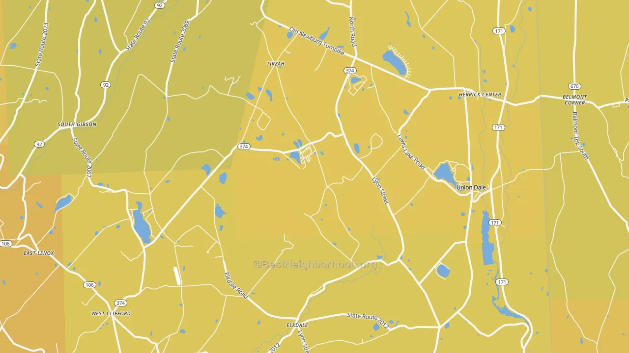 Map of the best neighborhoods in the 18470 area, with better matches in green and worse matches in red