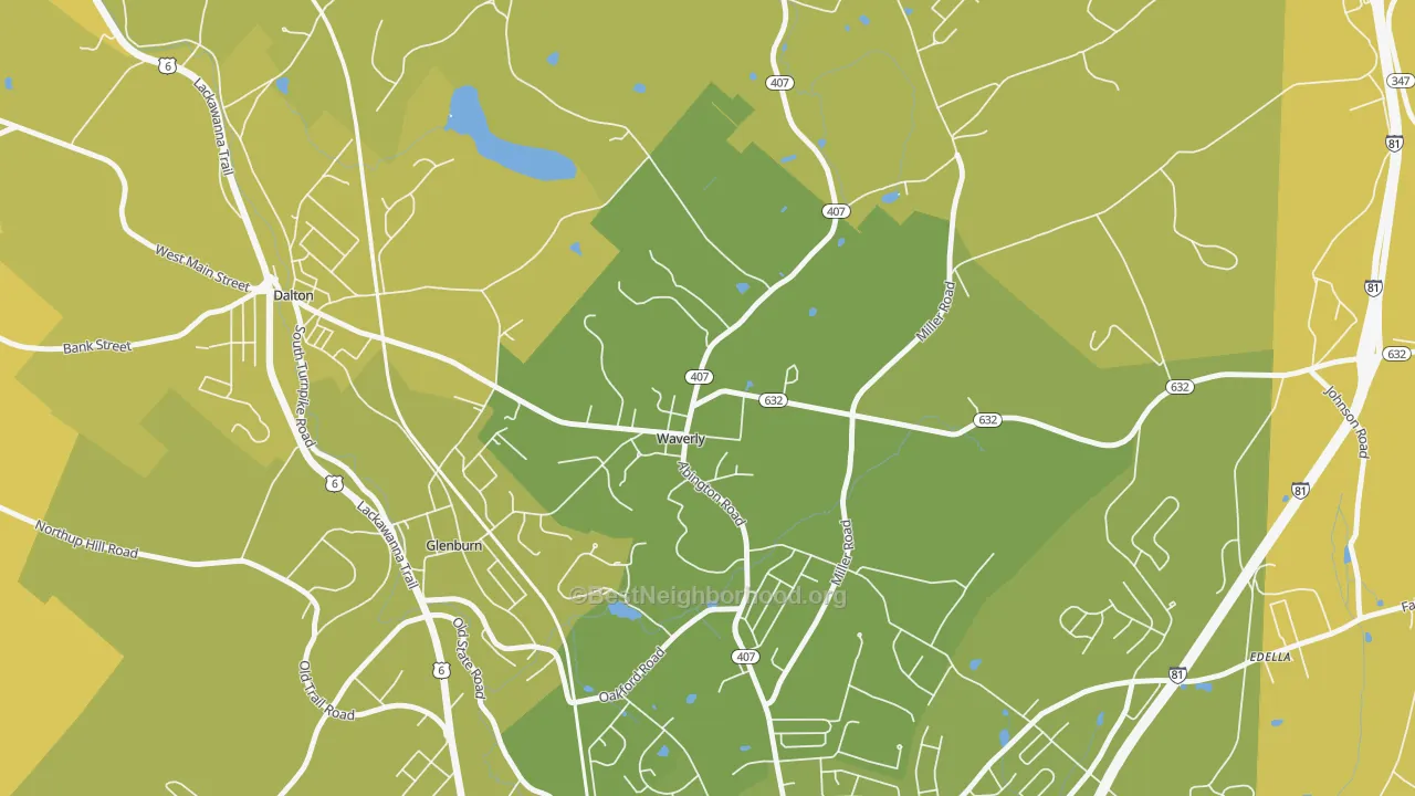 Map of the best neighborhoods in the 18471 area, with better matches in green and worse matches in red