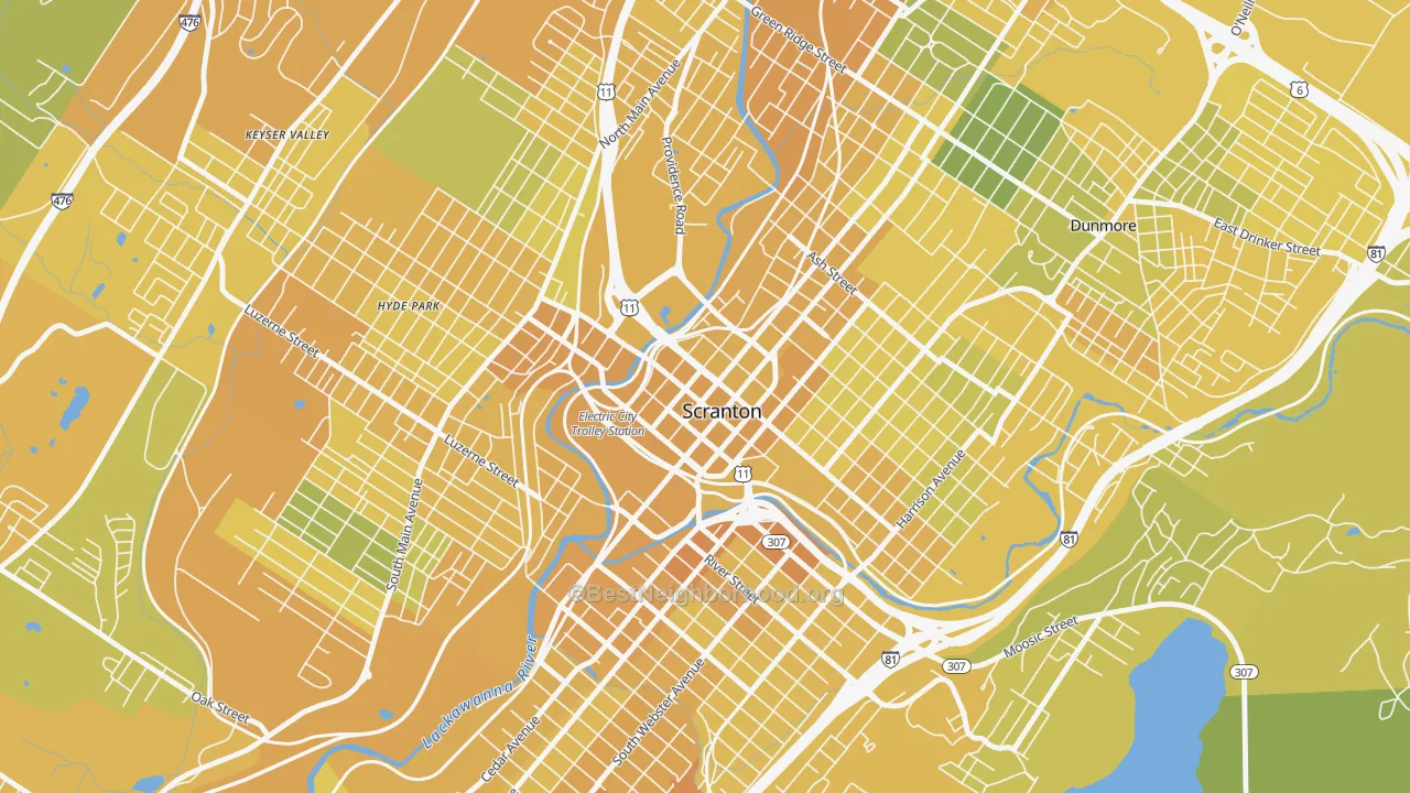 Map of the best neighborhoods in the 18503 area, with better matches in green and worse matches in red