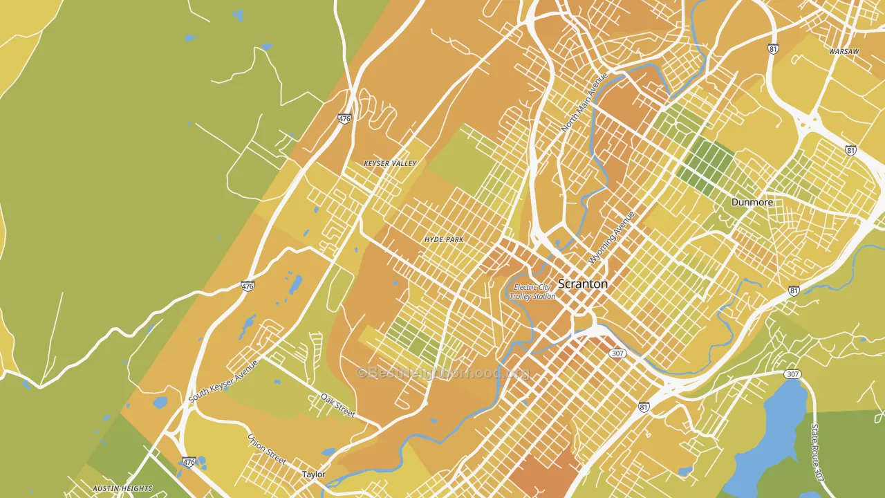 Map of the best neighborhoods in the 18504 area, with better matches in green and worse matches in red