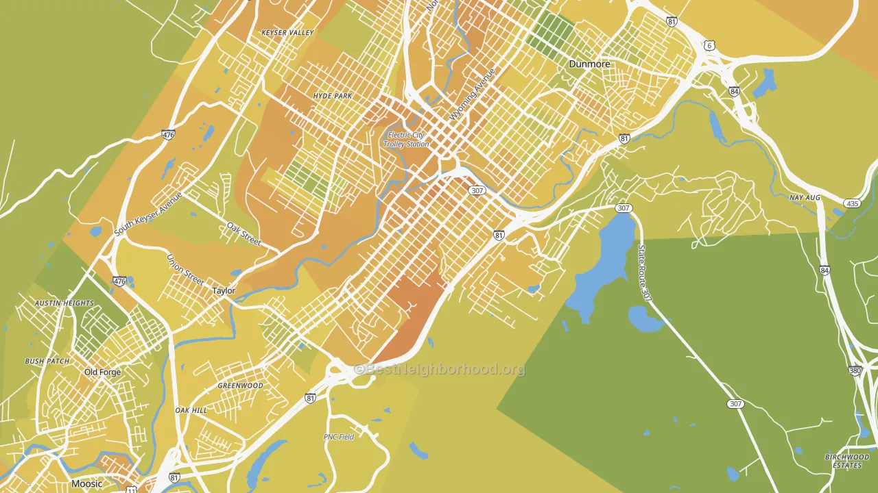 Map of the best neighborhoods in the 18505 area, with better matches in green and worse matches in red