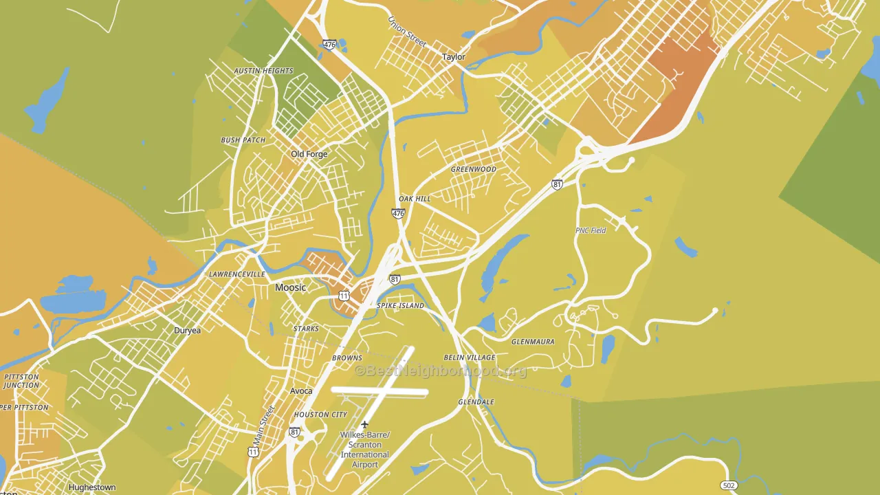 Map of the best neighborhoods in the 18507 area, with better matches in green and worse matches in red