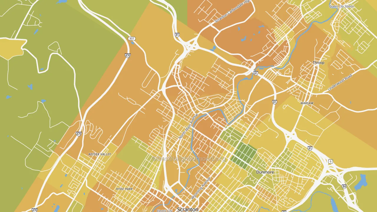 Map of the best neighborhoods in the 18508 area, with better matches in green and worse matches in red