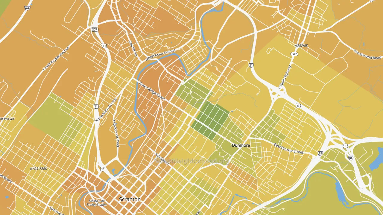 Map of the best neighborhoods in the 18509 area, with better matches in green and worse matches in red
