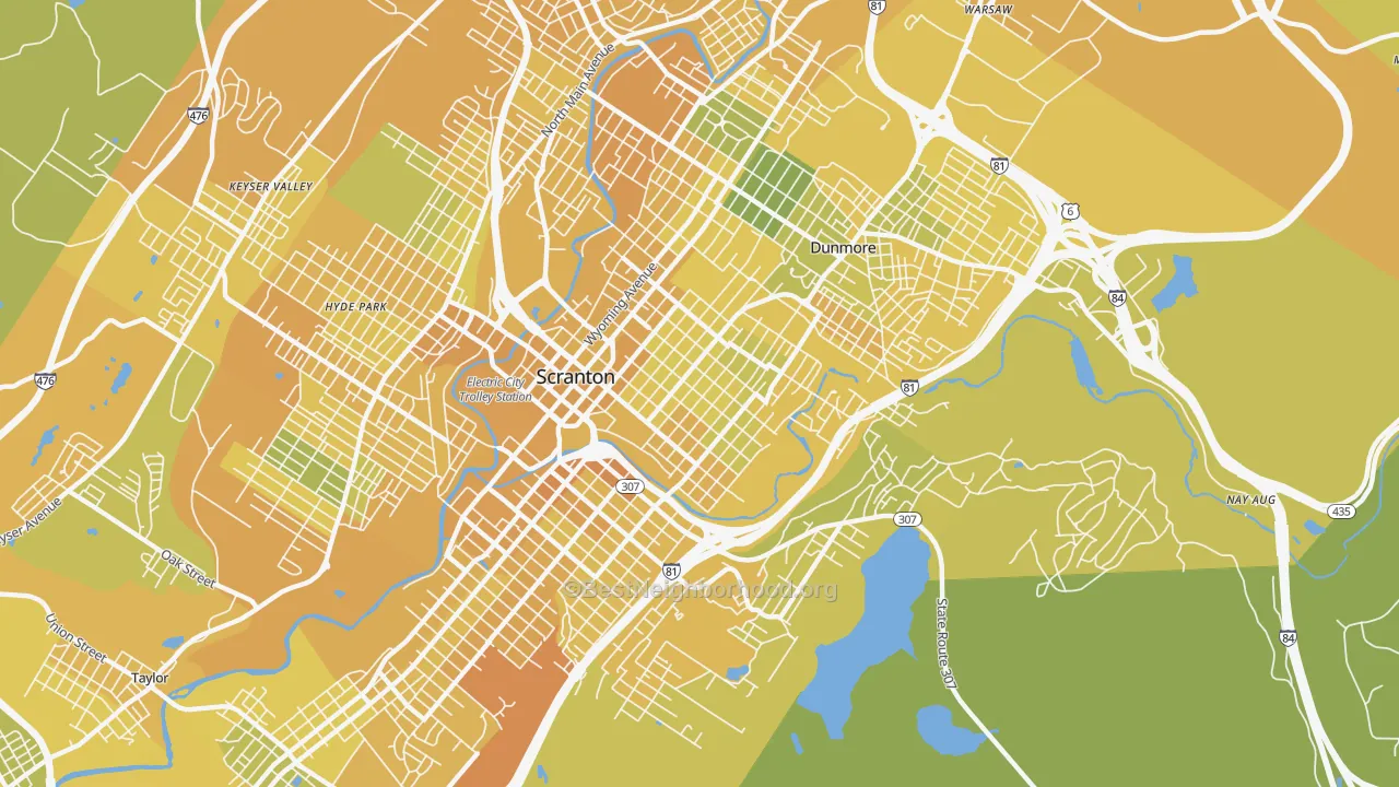 Map of the best neighborhoods in the 18510 area, with better matches in green and worse matches in red