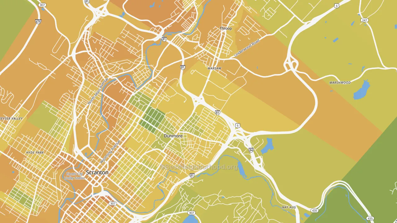Map of the best neighborhoods in the 18512 area, with better matches in green and worse matches in red