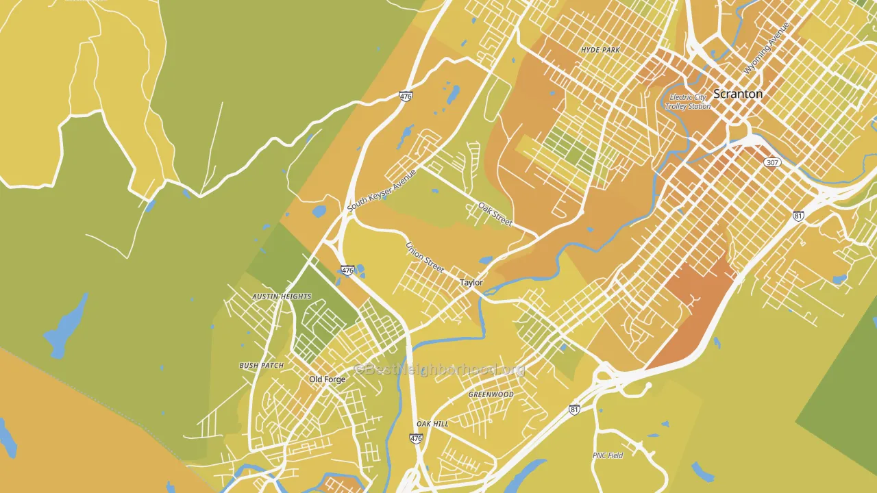 Map of the best neighborhoods in the 18517 area, with better matches in green and worse matches in red