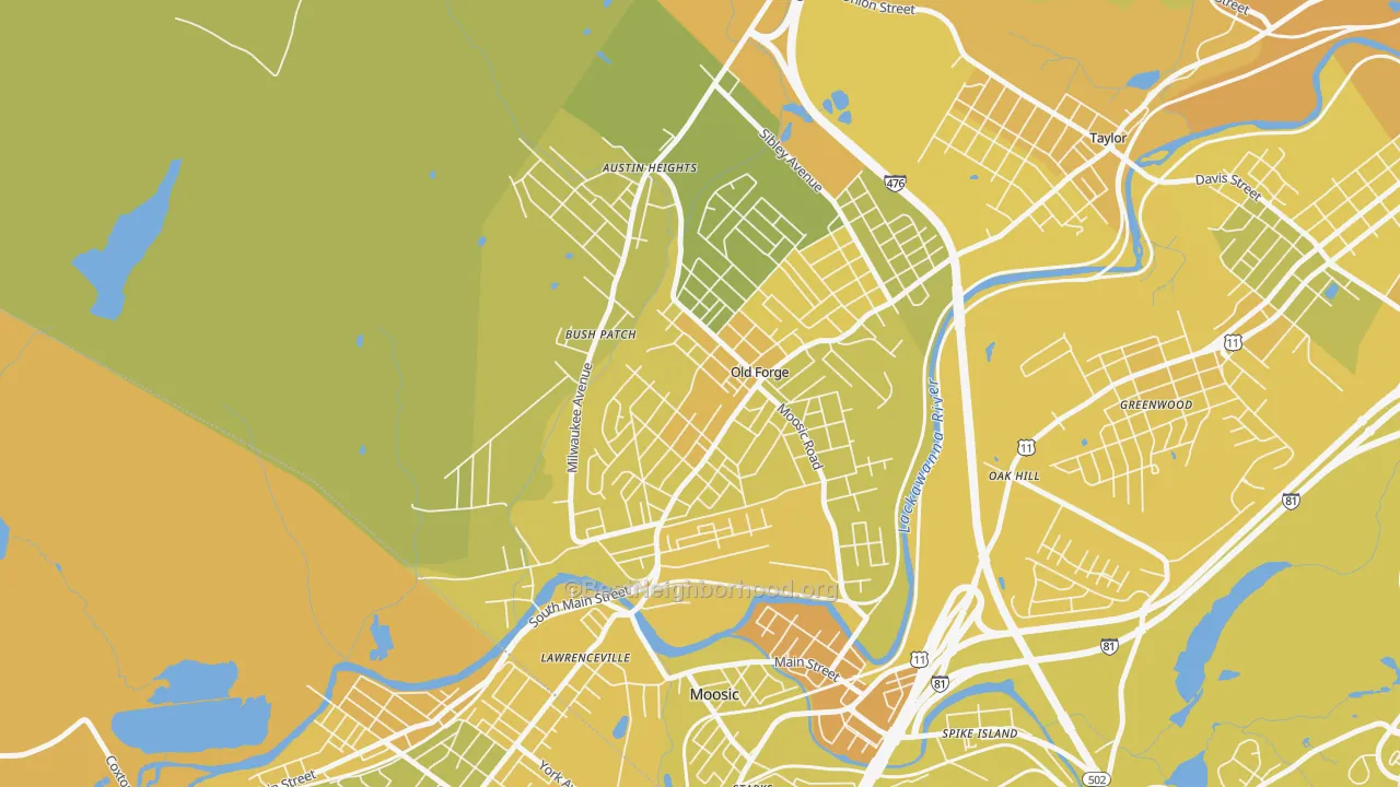 Map of the best neighborhoods in the 18518 area, with better matches in green and worse matches in red