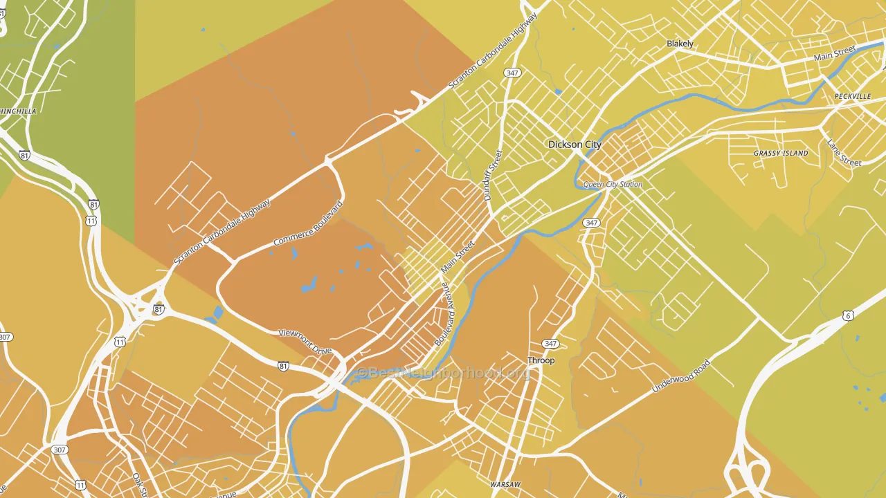 Map of the best neighborhoods in the 18519 area, with better matches in green and worse matches in red