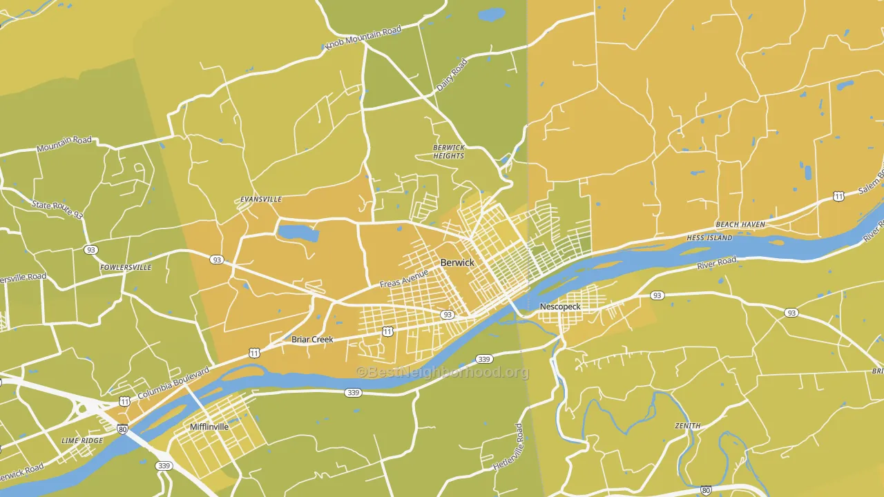 Map of the best neighborhoods in the 18603 area, with better matches in green and worse matches in red