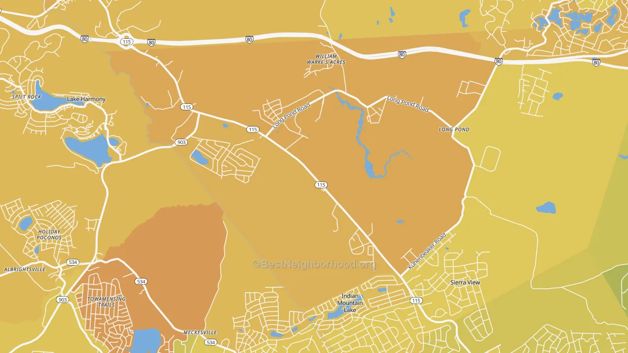 Map of the best neighborhoods in the 18610 area, with better matches in green and worse matches in red