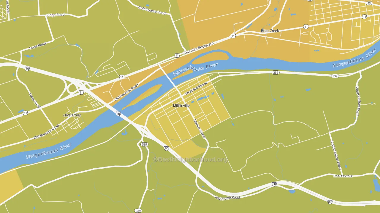 Map of the best neighborhoods in the 18631 area, with better matches in green and worse matches in red