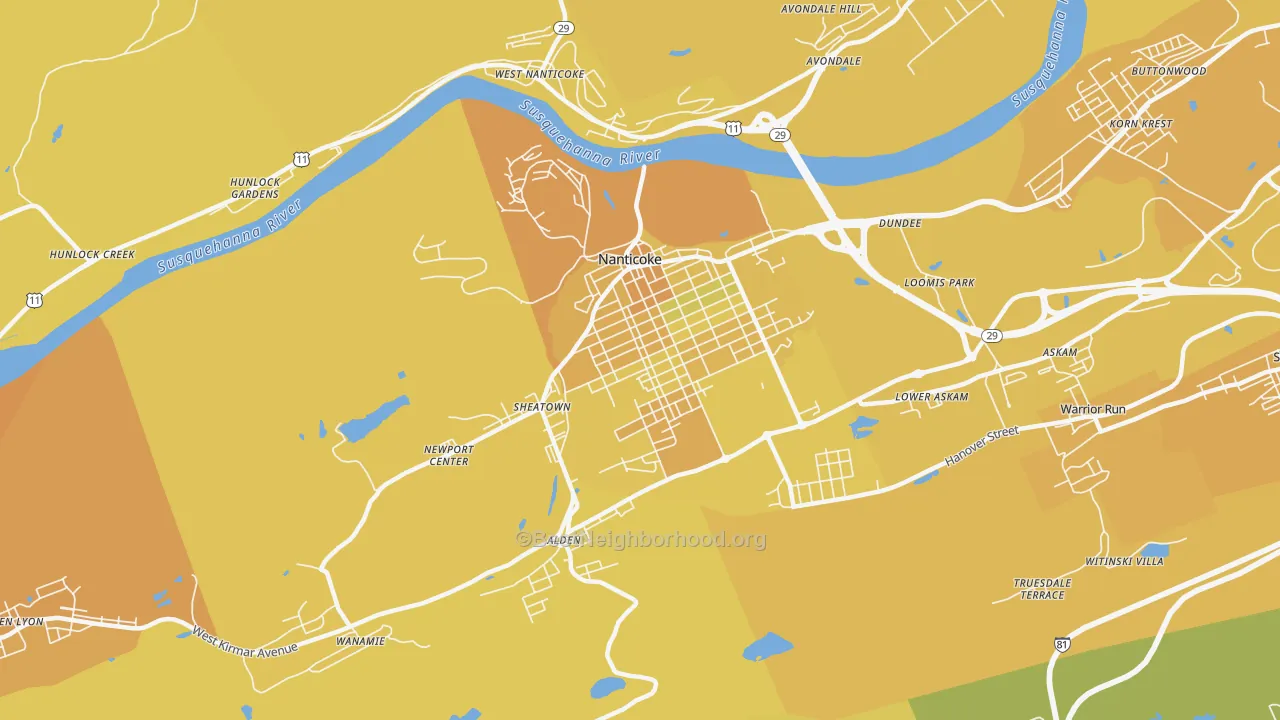 Map of the best neighborhoods in the 18634 area, with better matches in green and worse matches in red