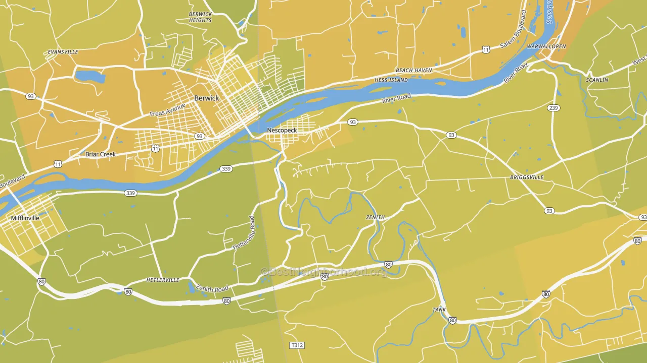 Map of the best neighborhoods in the 18635 area, with better matches in green and worse matches in red
