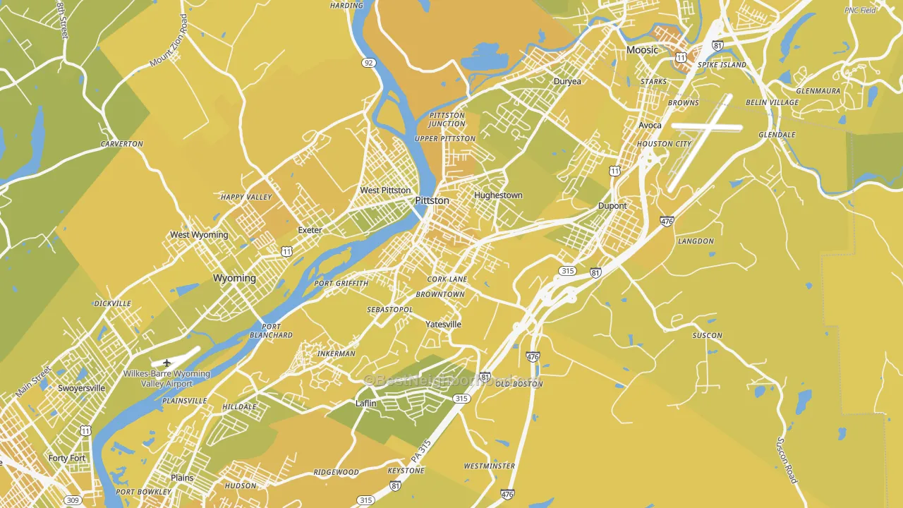 Map of the best neighborhoods in the 18640 area, with better matches in green and worse matches in red