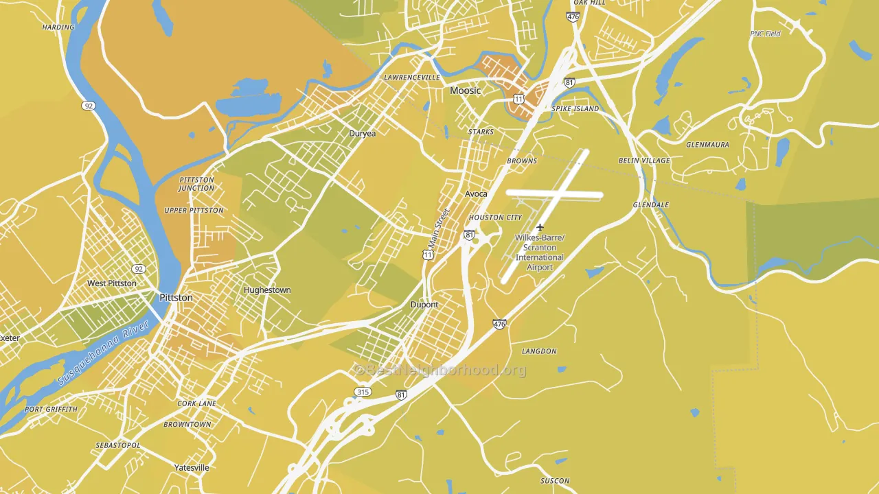 Map of the best neighborhoods in the 18641 area, with better matches in green and worse matches in red