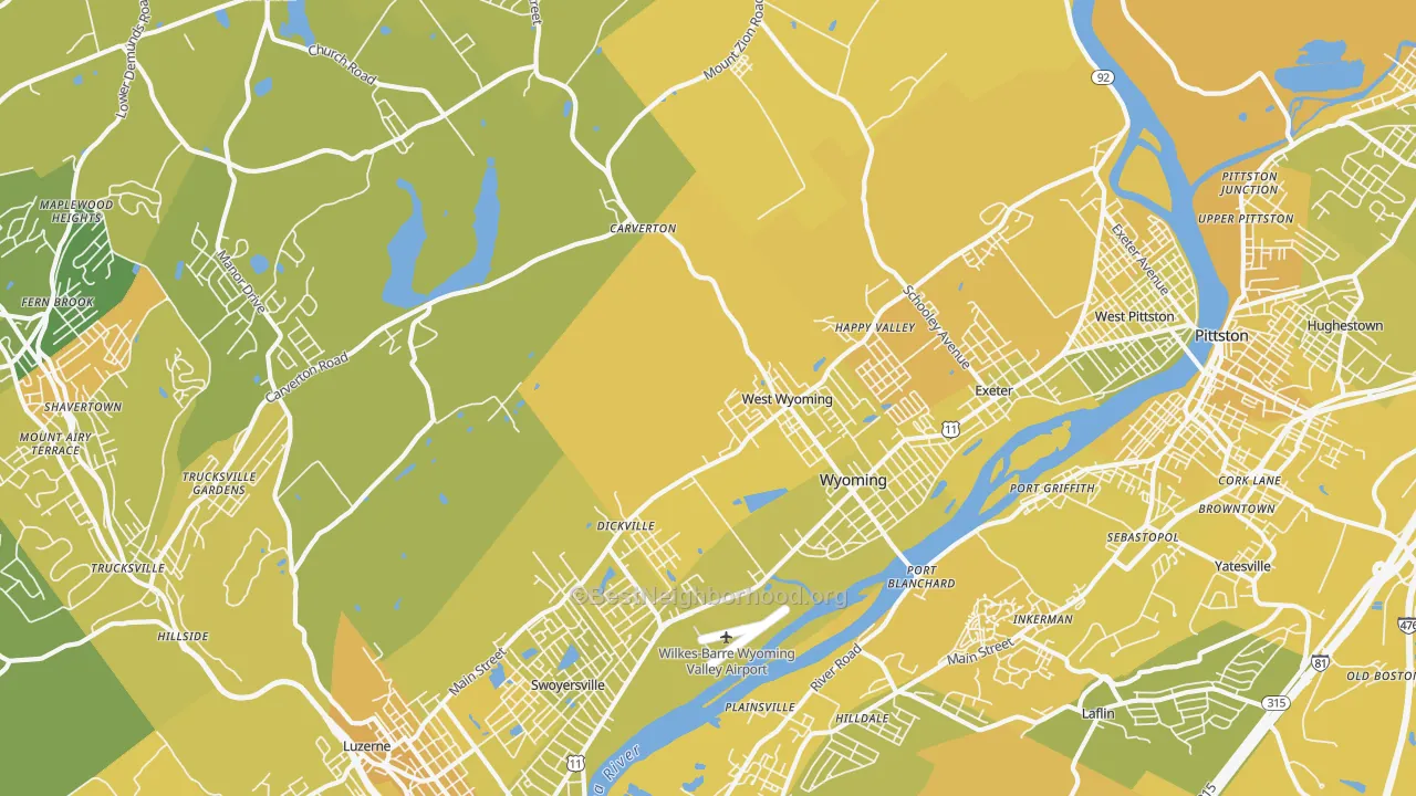 Map of the best neighborhoods in the 18644 area, with better matches in green and worse matches in red