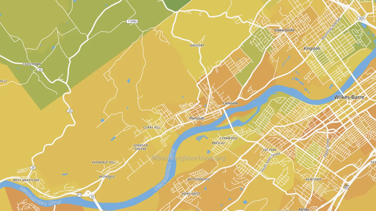 Map of the best neighborhoods in the 18651 area, with better matches in green and worse matches in red