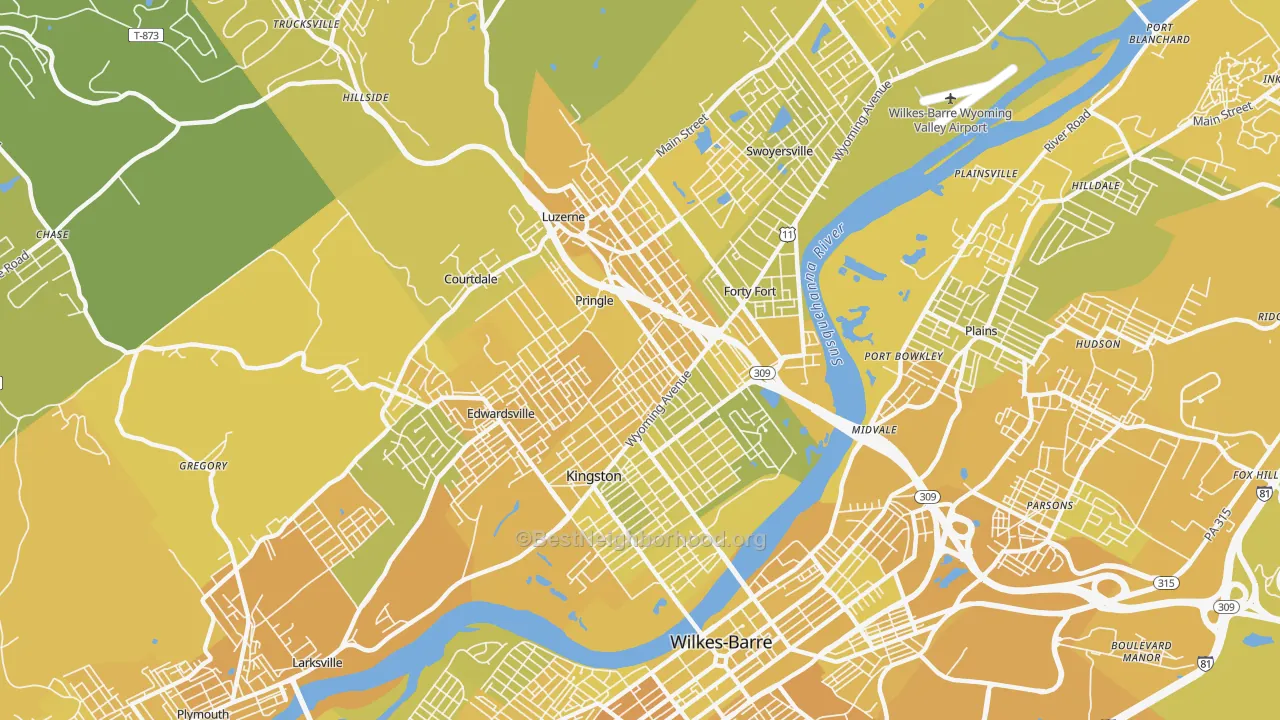 Map of the best neighborhoods in the 18704 area, with better matches in green and worse matches in red