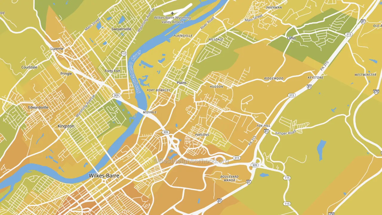 Map of the best neighborhoods in the 18705 area, with better matches in green and worse matches in red