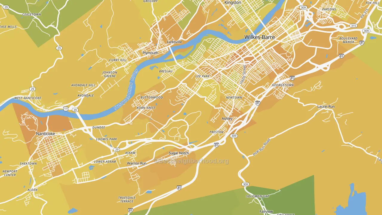 Map of the best neighborhoods in the 18706 area, with better matches in green and worse matches in red