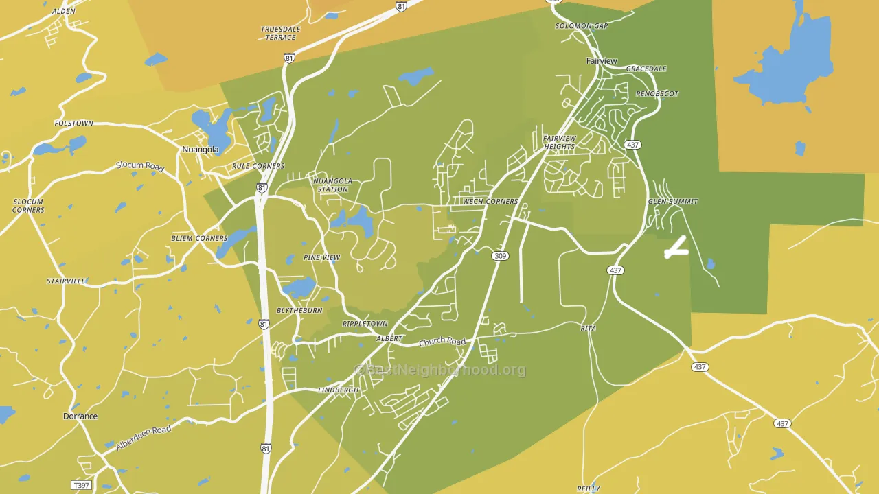 Map of the best neighborhoods in the 18707 area, with better matches in green and worse matches in red