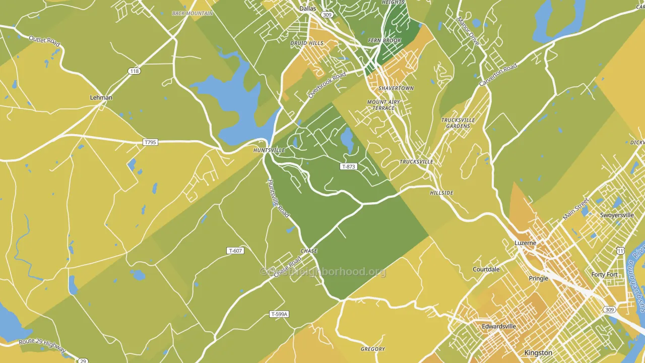 Map of the best neighborhoods in the 18708 area, with better matches in green and worse matches in red