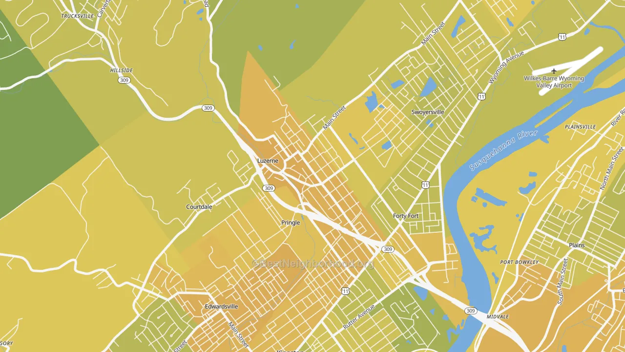 Map of the best neighborhoods in the 18709 area, with better matches in green and worse matches in red
