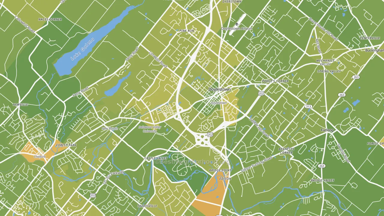 Map of the best neighborhoods in the 18901 area, with better matches in green and worse matches in red