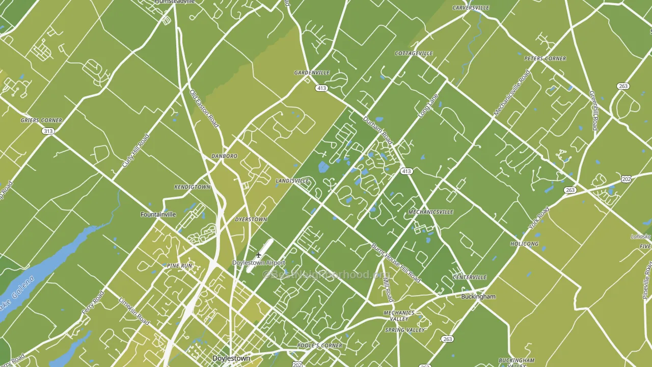 Map of the best neighborhoods in the 18902 area, with better matches in green and worse matches in red