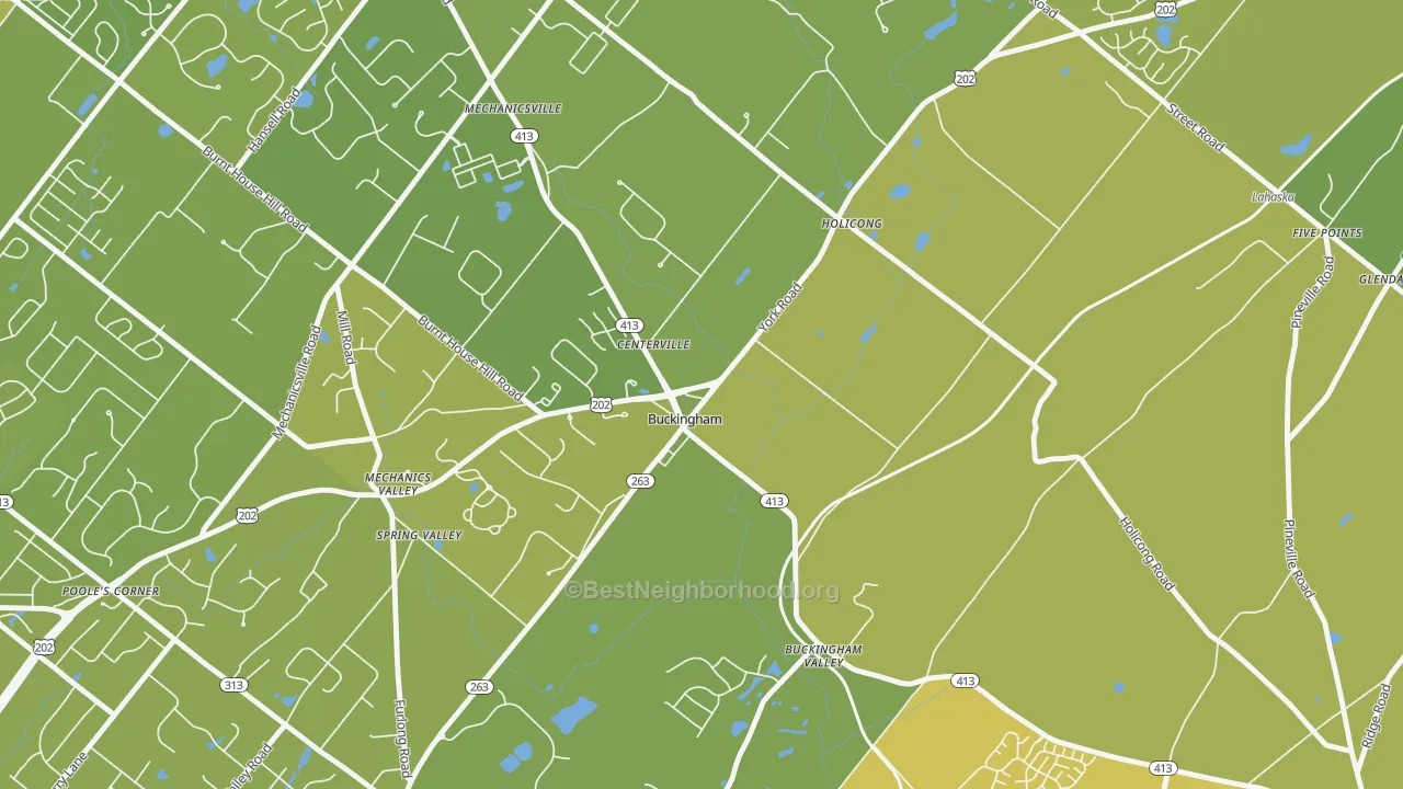 Map of the best neighborhoods in the 18912 area, with better matches in green and worse matches in red
