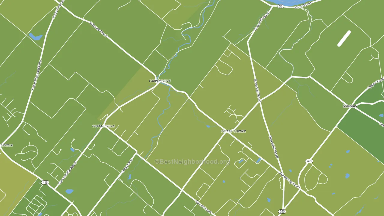 Map of the best neighborhoods in the 18913 area, with better matches in green and worse matches in red