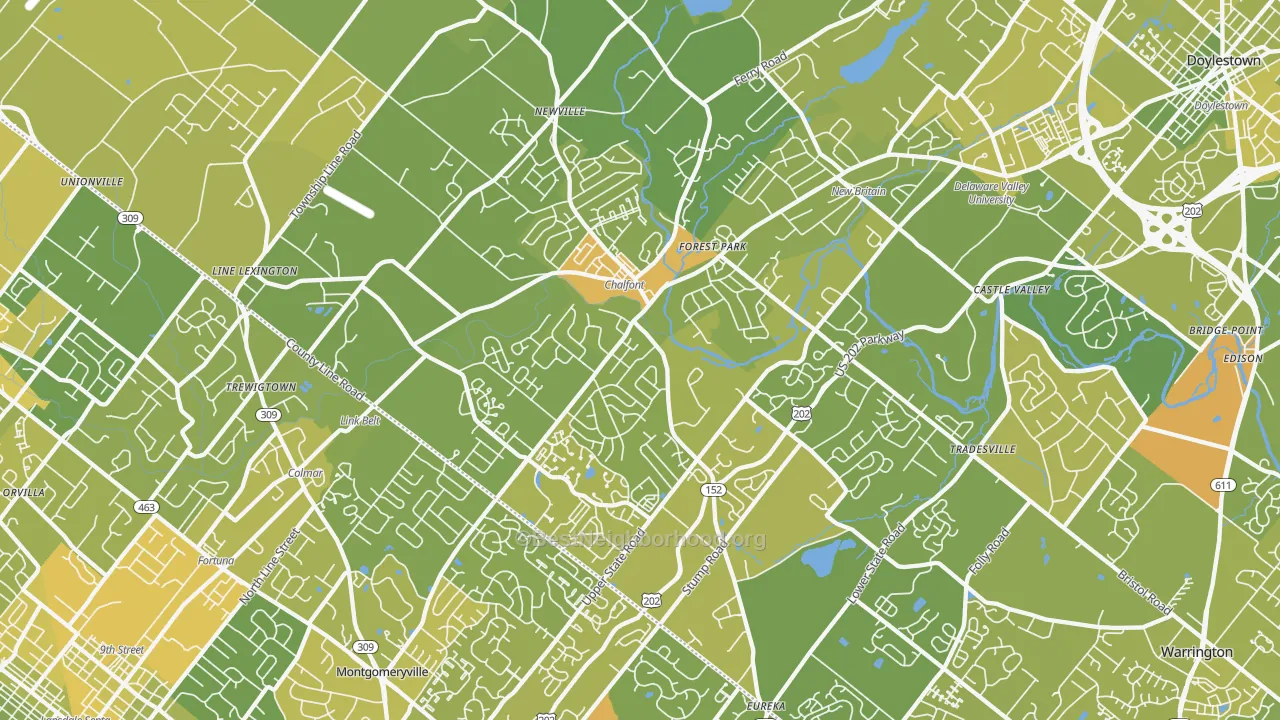 Map of the best neighborhoods in the 18914 area, with better matches in green and worse matches in red
