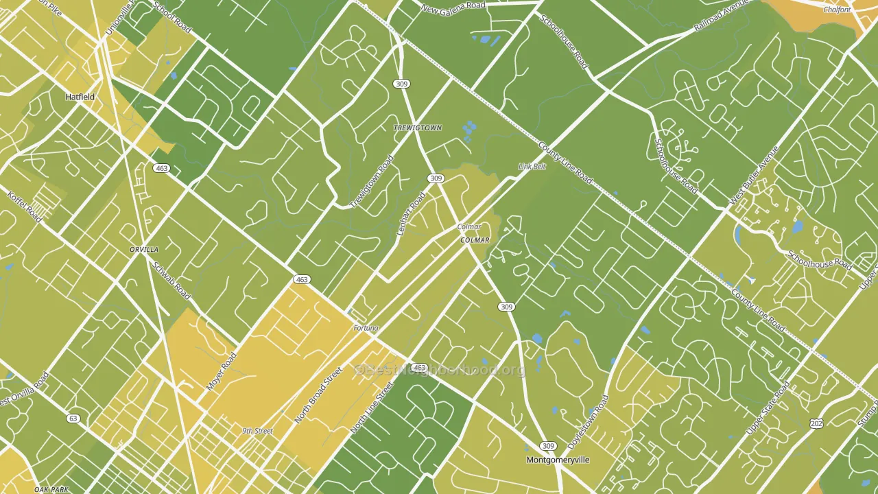 Map of the best neighborhoods in the 18915 area, with better matches in green and worse matches in red
