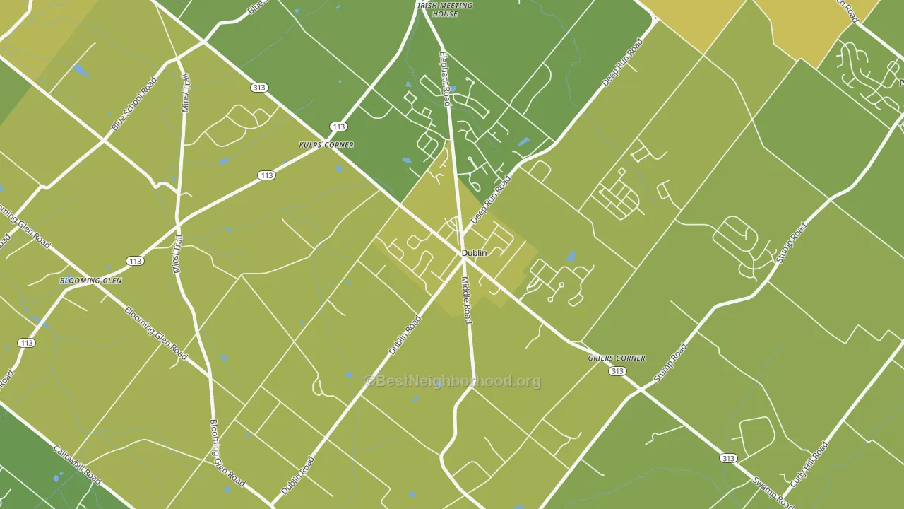 Map of the best neighborhoods in the 18917 area, with better matches in green and worse matches in red