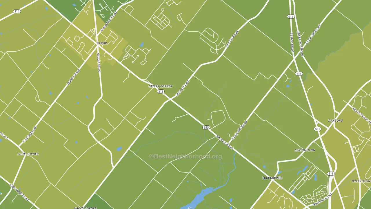 Map of the best neighborhoods in the 18923 area, with better matches in green and worse matches in red