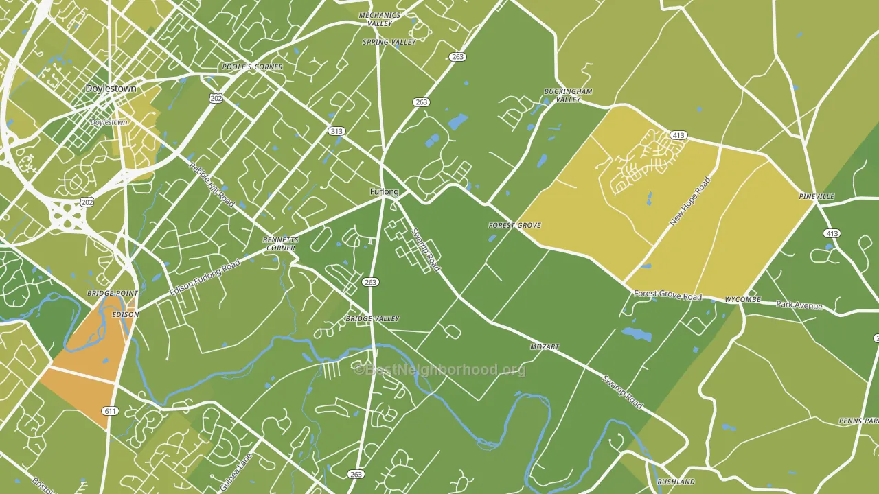 Map of the best neighborhoods in the 18925 area, with better matches in green and worse matches in red