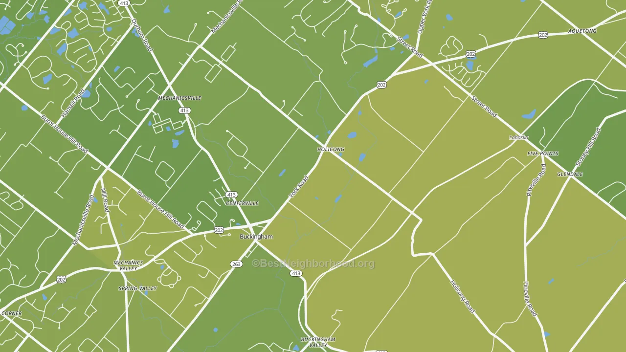 Map of the best neighborhoods in the 18928 area, with better matches in green and worse matches in red
