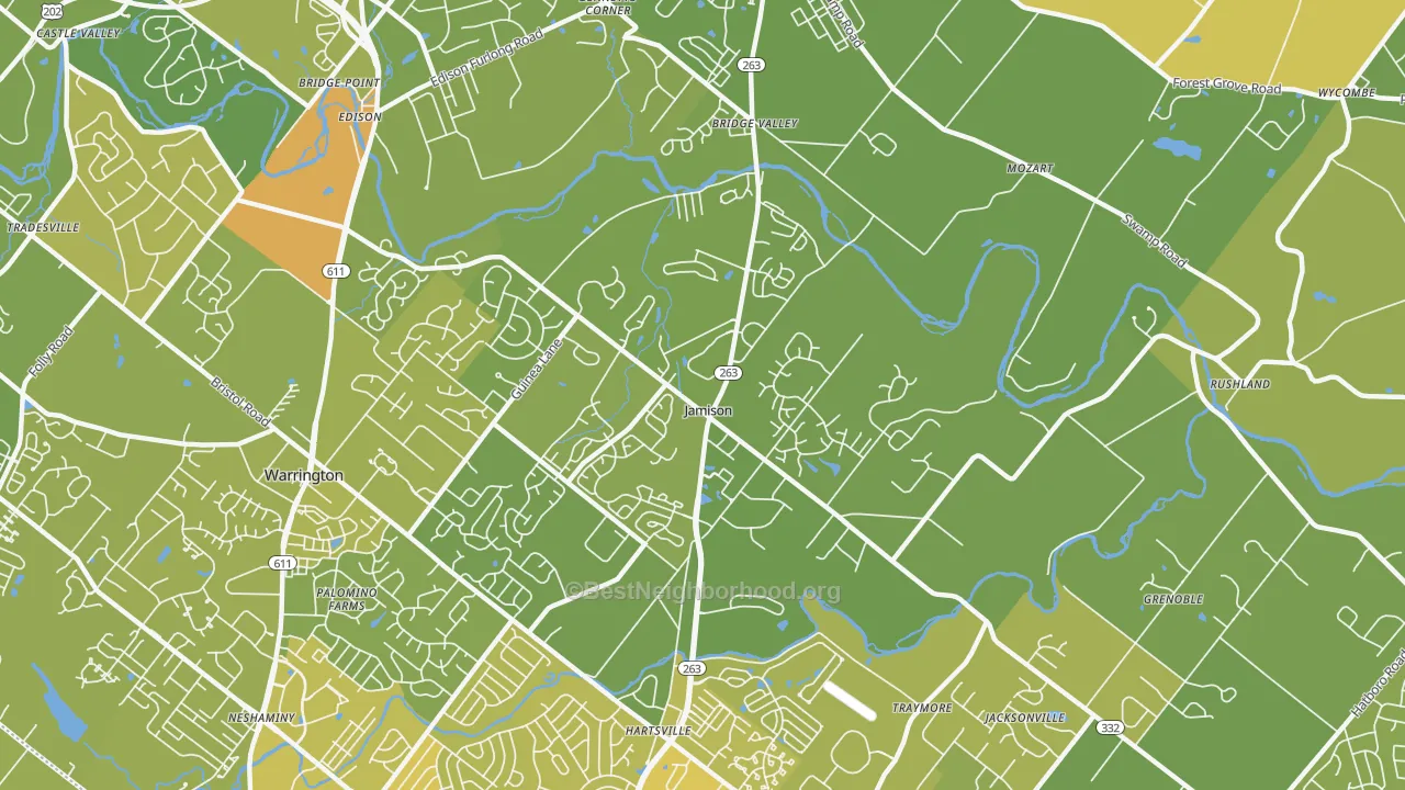Map of the best neighborhoods in the 18929 area, with better matches in green and worse matches in red
